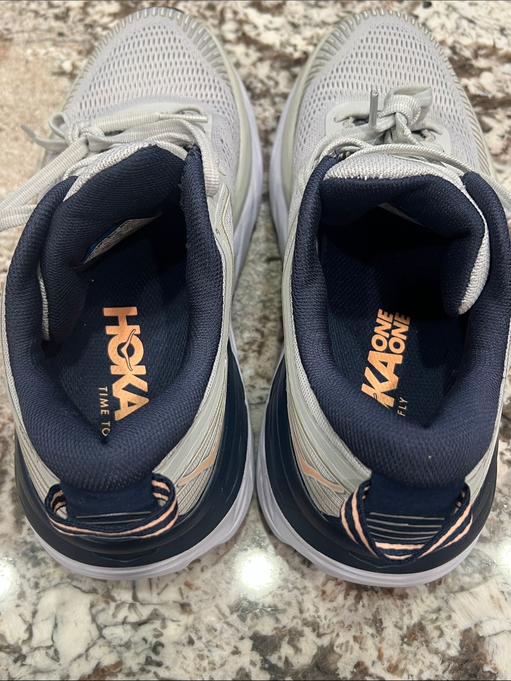 Hoka Women's Bondi 7 Sneakers in Light Gray, Navy & Peach - Picture 6 of 7